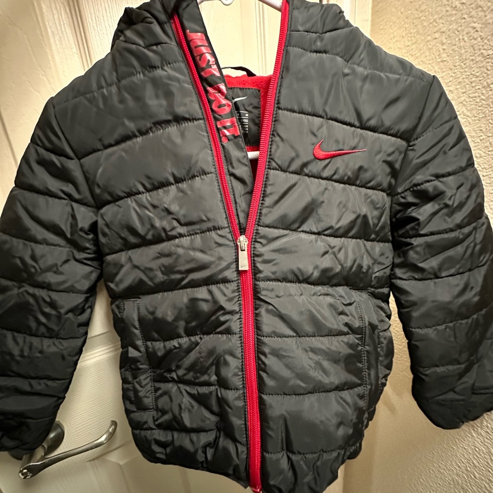 Nike Red and Black Quilted Puffer Jacket with Hood